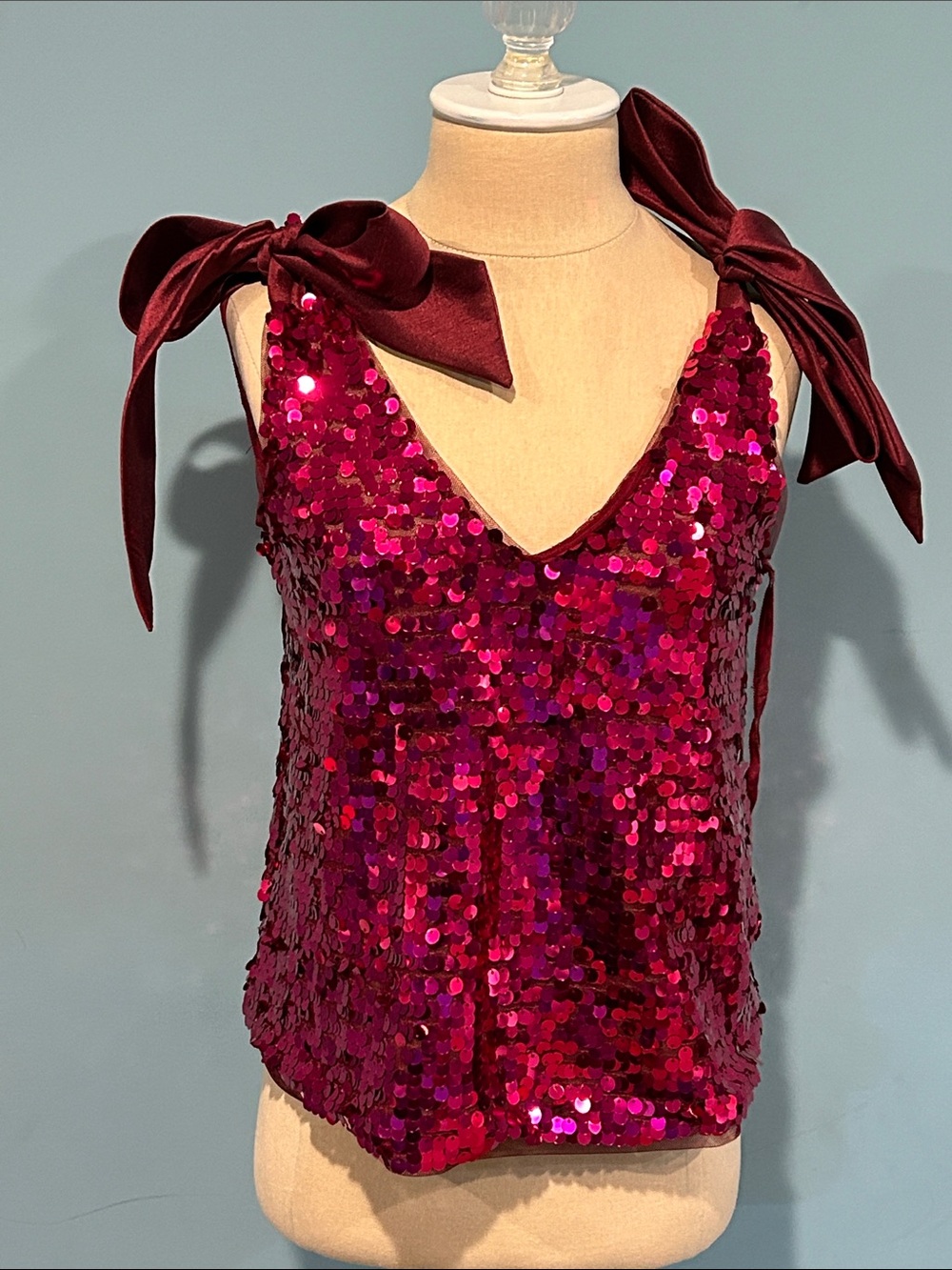 Anthropologie Maeve Sequined Tie-Strap Tank Top size XS Pink Fuchsia